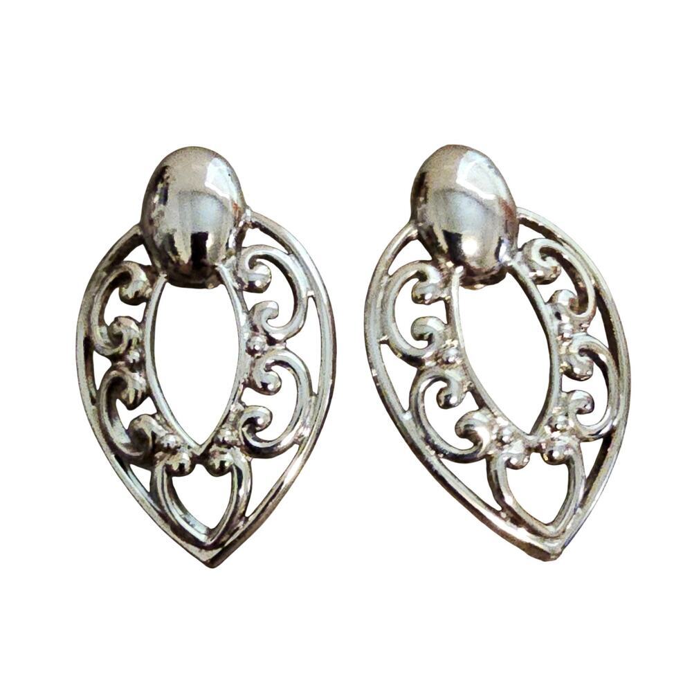 Vintage Earrings Silver Tone Medium Dangle Chunky Pierced Jewelry Classic Glam
